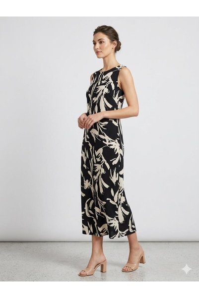 520CK Women's Plus Size Black Cream Floral Pattern Sleeveless Midi Dress