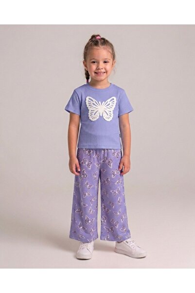 Ege Bebek Girl's Summer Muslin Trousers and Butterfly Embroidered T-Shirt 2-P...