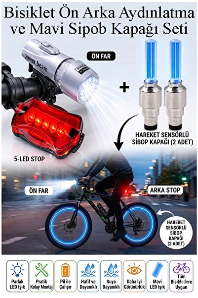 Artlantis Led Işıklı Bisiklet Ön Far Arka Stop Aydınlatma Işığı ve Mavi Sipob...