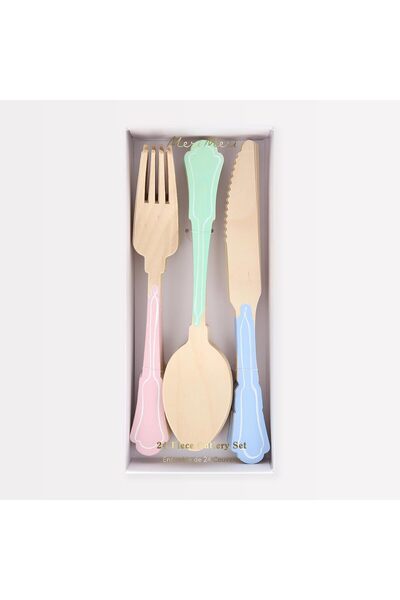 Meri Meri Elegant Mixed Colour Wooden Cutlery Set – Pack of 24 Birch Wood Ute...
