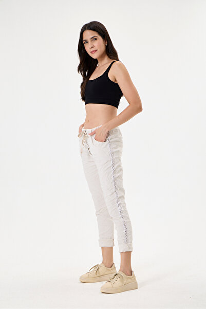 della moor Women's Beige Italian Lycra Trousers with Side Stripes and Lace-Up...