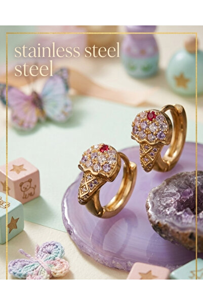 stainless steell Piirnç Zircon Stone Ice Cream Model Gold Color Children's Ea...