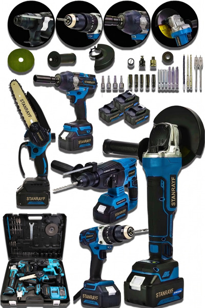 stanrayf ALMAN H-Tech 5Li Set Kömürsüz Motor 3x Akü Taşlama Somun Sıkma Kırıcı Delici Matkap & Dal Budama Testere Makinesi
