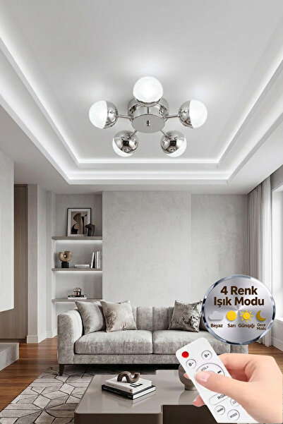 Lüxev Lighting Güneş Model Gümüş 5"li Ledli 3 Renk Modu Kristal Salon Mutfak ...