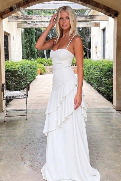 Miss Beyoğlu Women's Heart Neckline Thin Strap Ruffle Detailed Lined Maxi Len...