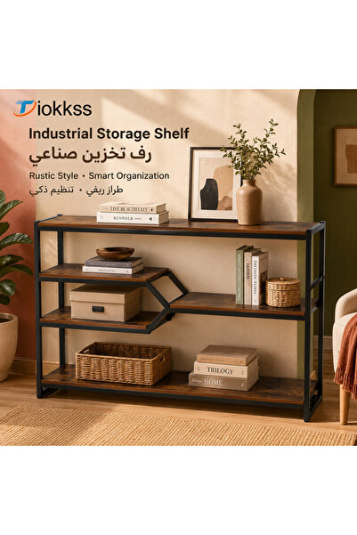 Tiokkss Industrial Storage Shelf, 120x30x90cm Rustic Wood Grain Metal Frame C...