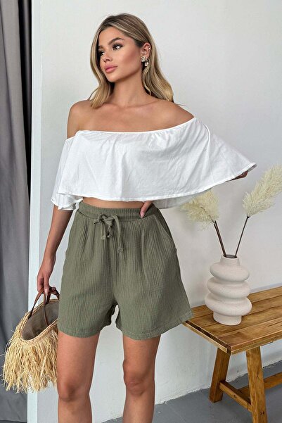 GİYSA Women's Adjustable Waist Double Pocket 100% Cotton Shorts Green - 5544