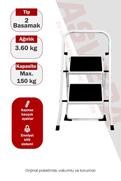 ASVERA Space 2 Basamaklı Ev Tipi Metal Merdiven - Katlanır Geniş Kaymaz Mutfa...