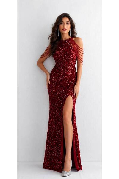elissaa HALTER YAKA BONCUK DETAYLI YIRTMAÇLI PULPAYET ABİYE ELBİSE
