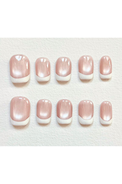 Nailvana Μικρά Χειροποίητα Ροζ Νύχια Ψεύτικα με Εφέ Μάτι Γάτας και Γαλλική Άκρη