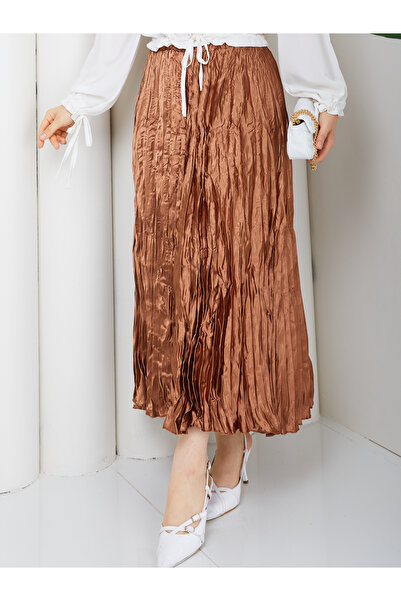 Wual giyim Women's New Season Long Wrinkled Look Satin Skirt with Elastic Waist