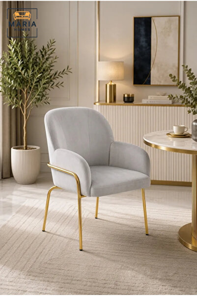 MARIA HOMES Light Grey Velvet Accent Chair with Gold Metal Legs – Modern Upho...
