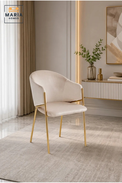 MARIA HOMES Cream Velvet Dining Chair with Gold Metal Legs – Modern Upholster...