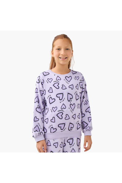 Juniors Girls Crew Neck Sweatshirt with Heart Print - Cotton - Long Sleeves
