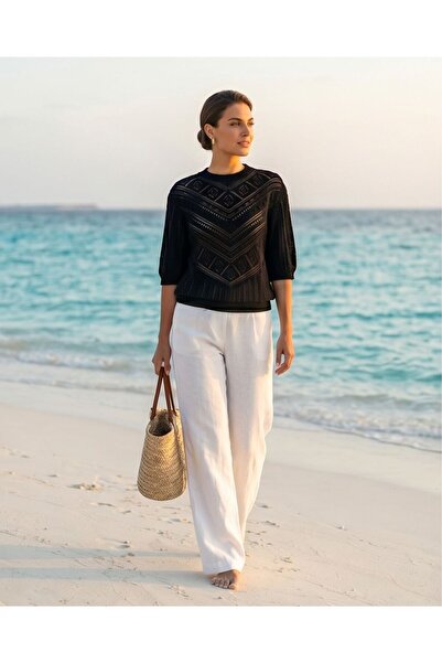 Trend Kapında Summer Openwork Geometric Pattern Half Sleeve Knitwear Blouse