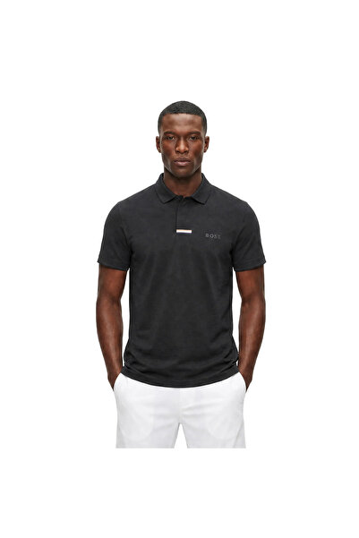 BOSS Erkek Normal Kesim Kontrast Logo Çizgili Kısa Kollu Siyah Polo Yaka T-Shirt