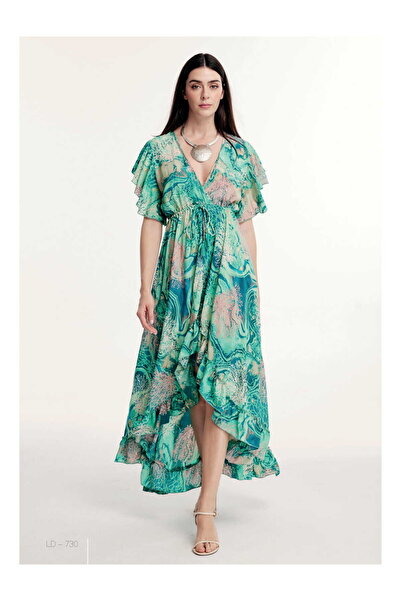 LaraLisa 70% Silk 30% Viscose Deep V-Neck Front Flounce Tie-Waist Women's Sum...