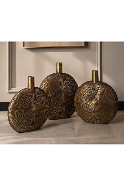 Home 3’lü Eskitme Gold Metal Yuvarlak Dekoratif Vazo Seti – Büyük Boy Lüks Sa...