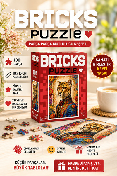 kidssan games BRICKS Puzzle Asil Leopar – 100 Parça Mini Puzzle (10x15 cm) ya...