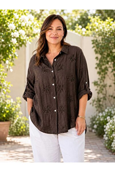 Butik Şans Women's Oversized Italian Shirt with Stripe Embroidery Detail