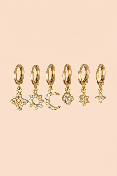 Hetra Gold Color Zircon Stone Sun Moon Flower and Star Dangle Earrings Set of 6