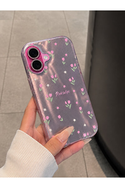 MustCase iPhone 16 Uyumlu Pembe Lale Desenli Holografik Telefon Kılıfı Parılt...