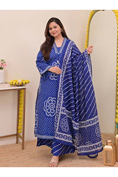 MYSMAR Royal Blue Cotton Bandhani A-Line Suit Set - ALV2118 | Royal Blue