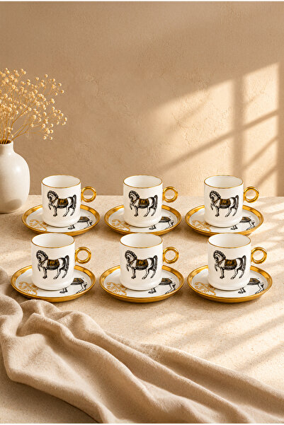 Vadi Horse Figured Gold Gilded Porcelain Turkish Coffee Cup Set for 6 People