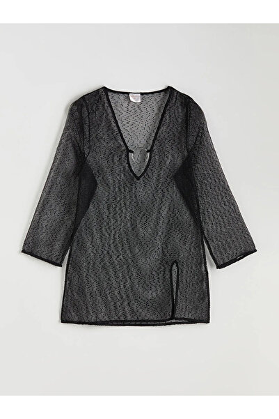 LC Waikiki Black V-Neck Openwork Beach Dress