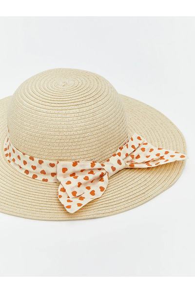 LC Waikiki Beige Heart Patterned Straw Hat for Girls