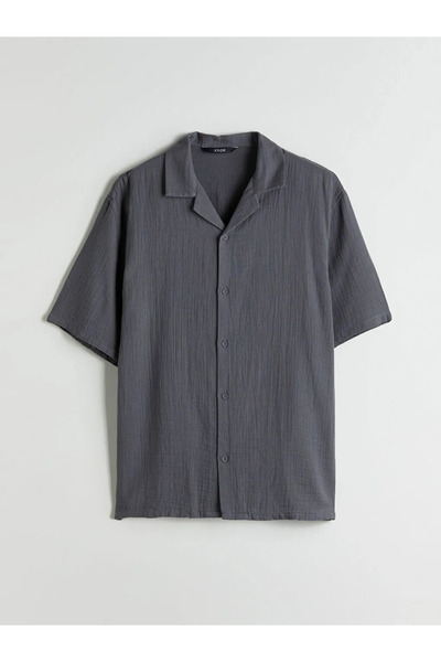 LC Waikiki Gray Resort Collar Short Sleeve Muslin Men's Shirt