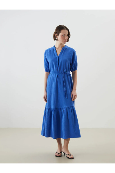 LC Waikiki Blue Crochet Collar Muslin Dress