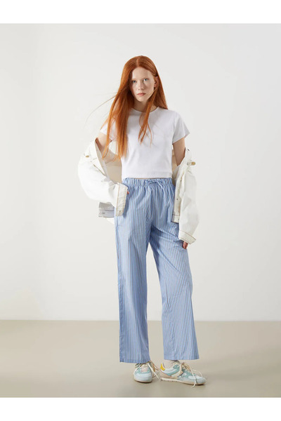 LC Waikiki Blue Elastic Waist Striped Women's Trousers