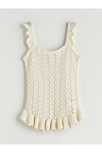LC Waikiki Ecru U-Neck Openwork Ruffled Knit Blouse