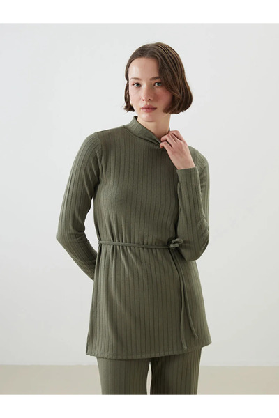 LC Waikiki Khaki Stand Collar Textured Women's Tunic