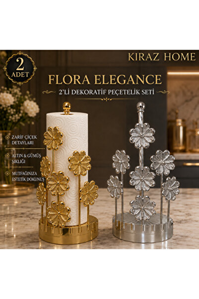 KİRAZHOME 2'li Metal Çiçekli Rulo Peçetelik Dekoratif Mutfak Havluluk Gold Gümüş