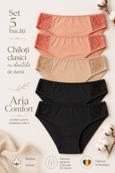Aria Comfort ✨ Set 5 Chiloți Clasici Damă – Bumbac moale, (Negru, Bej, Caisă)...