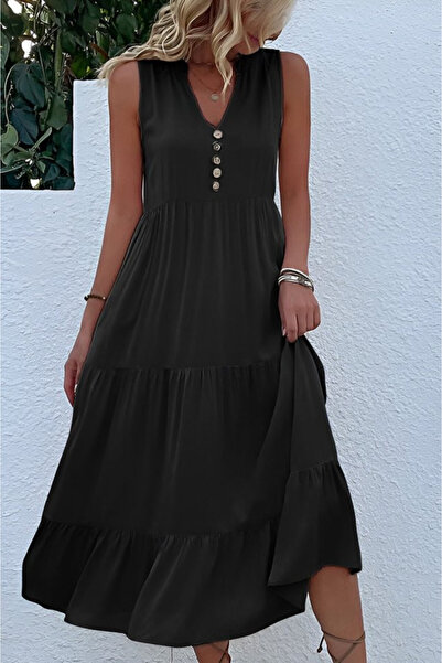 Efnaz style Women's Strappy V-Neck Buttoned Front Midi Viscose Dress