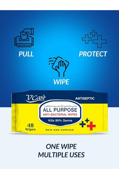 vcare V Care All Purpose Anti Bacterial Wipes - 48'S | Kills 99.9% Of Germs | Cleans And Disinfects Surfaces | Multipurpose And Versatile |Ideal For Home, Office, And Travel