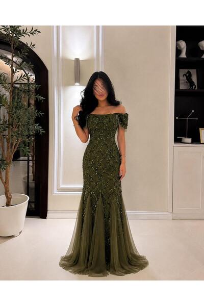 led style Women's Evening Dress Embroidered with Dropped Shoulders and Tulle ...