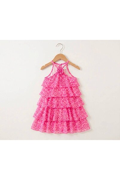 Liloa Girl's Lined Ruffled Leopard Patterned Tulle Pink Dress 2-9 Years