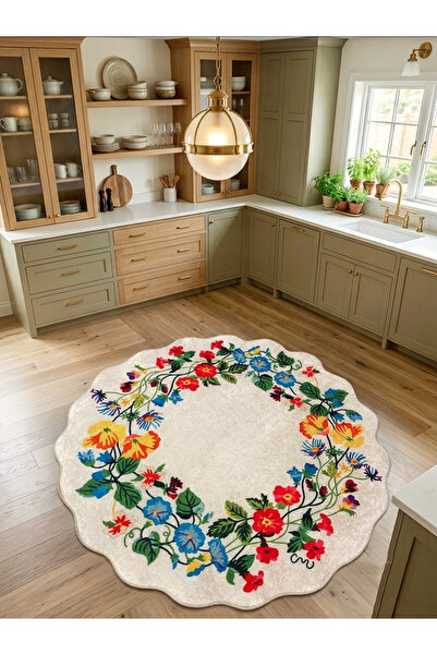 Brillant Floral Çiçek Desenli Dalgalı Kesim Lateks Taban Antre Mutfak Halısı
