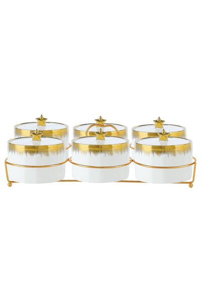 Vadi 6-Piece Porcelain Gold Breakfast Set with Lid and Metal Stand Presentation Container