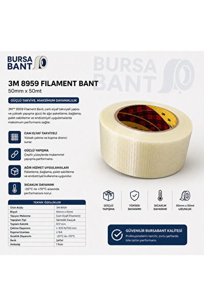 3M 8959 Filament Bant 50mm x 50mt – Cam Elyaf Takviyeli Yüksek Mukavemetli Am...