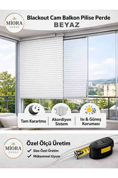 MİORA PERDE BLACKOUT BEYAZ Plise Katlanır Cam Balkon Perdesi - Ofis Perdesi -...