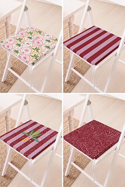 Home Set of 4 Red Striped and Tropical Patterned Lace-Up Chair Cushions Balco...