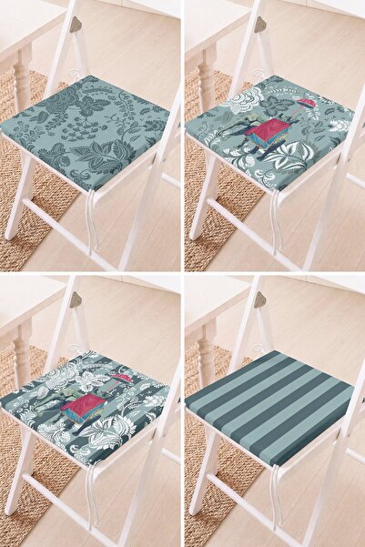 Home Set of 4 Blue Floor Elephant and Tropical Leaf Patterned Lace-Up Chair C...