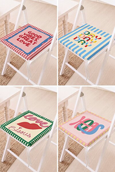 Home Set of 4 Colorful Text and Slogan Patterned Lace-Up Chair Cushions
