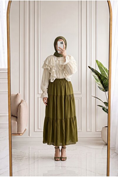 MİHRA STORE Fernur Çingene Model Lined Skirt-Ek897 Oil Green