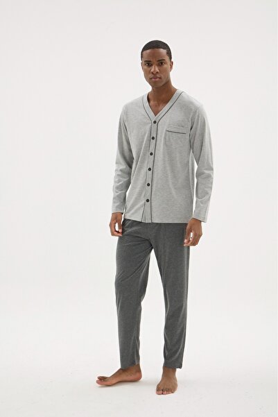 DÜVEN Cotton Men's Pajama Set with Buttoned Design for Easy Use at Home and i...